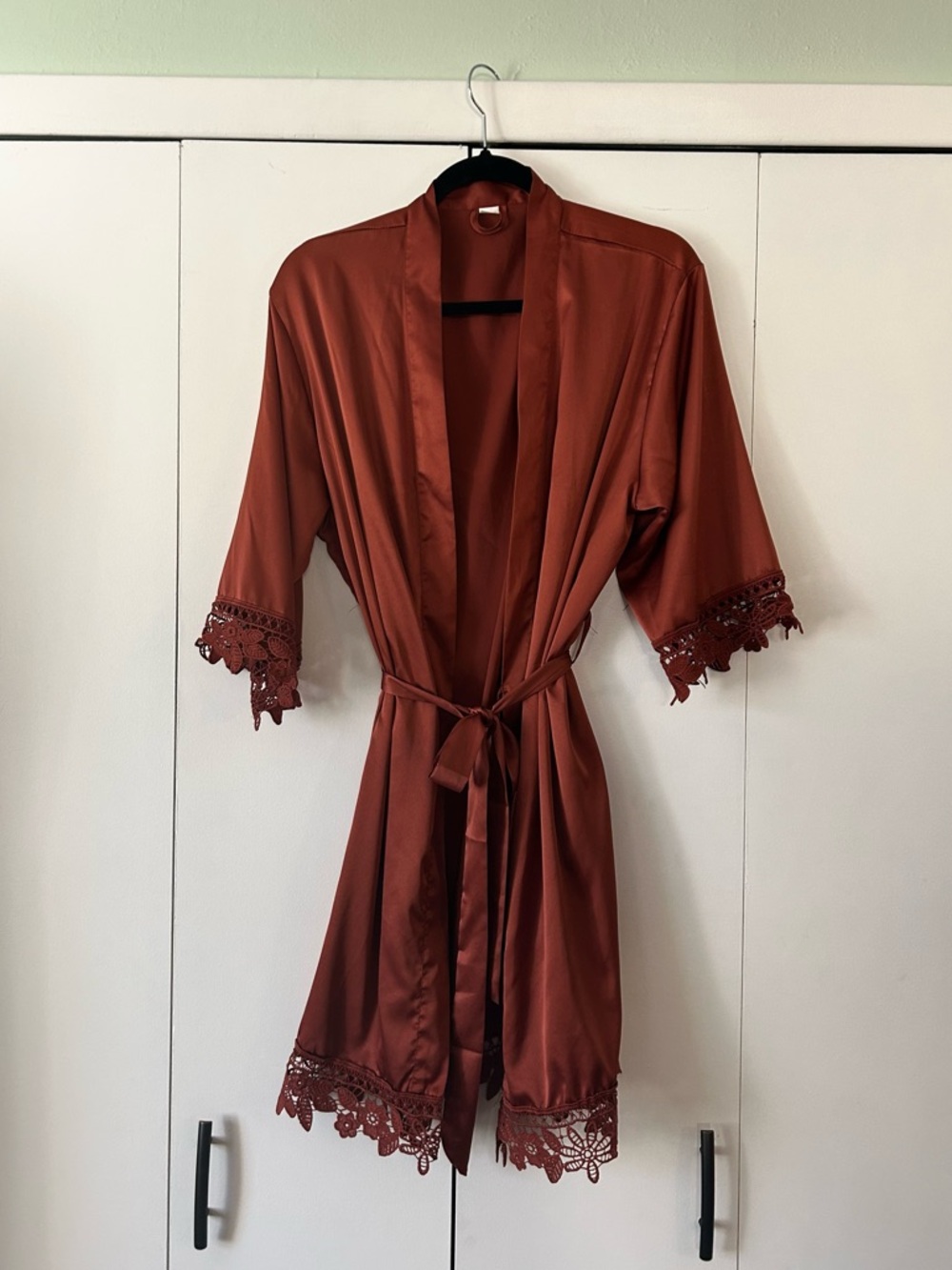 Women's Satin Lace-Trim Robe - Rust